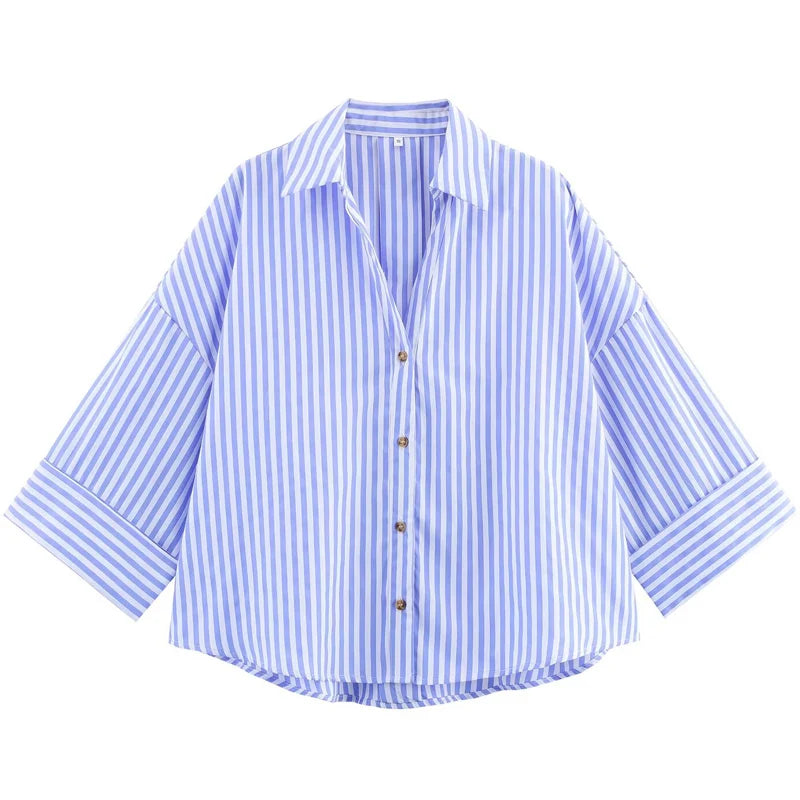 Women's Striped Wide Sleeve Cropped Button Front Shirt