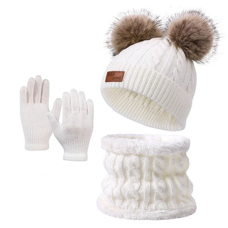 Children's Pom-Pom Knitted Beanie Hat Scarf and Gloves Winter Accessory Set