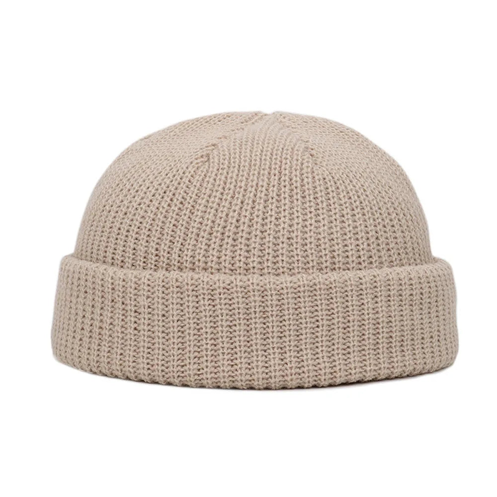 Short Ribbed Knit Beanie with Folded Cuff Shape