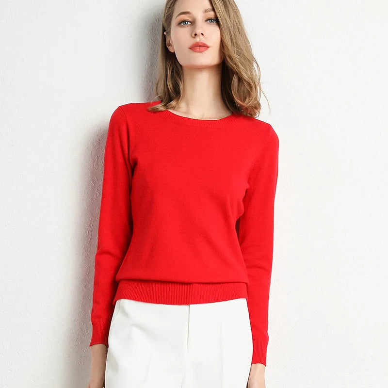 Women's Plain Crew Neck Long Sleeve Sweater Casual Knit Layer
