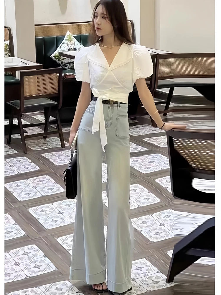 Women's Gray Wide Leg High Waist Denim Jeans