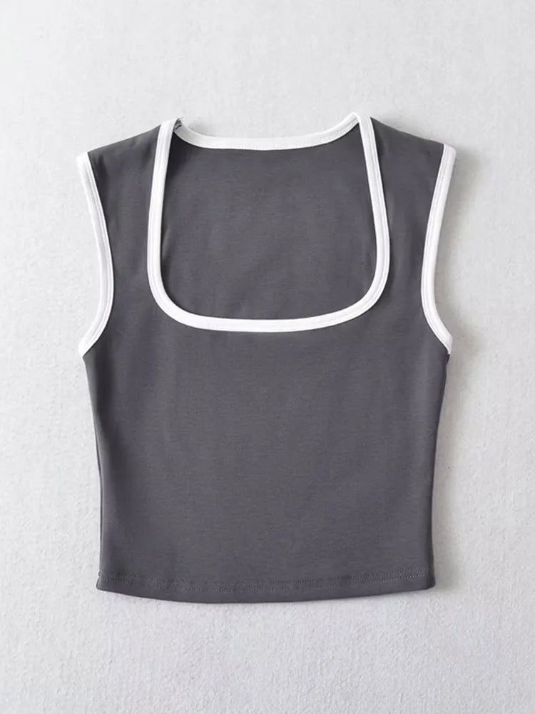 Women's Square Neck Crop Top with Contrast Trim and Cropped Length
