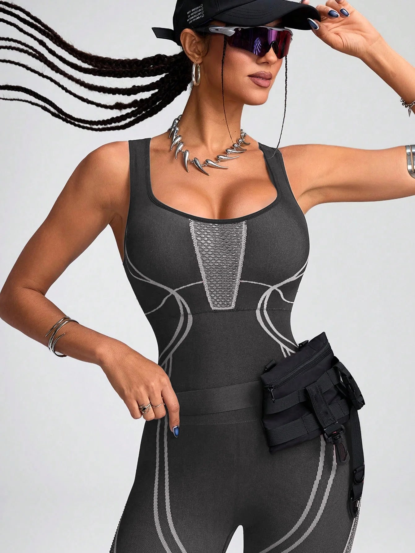 Women's Mesh Inset Nylon Blend Workout Jumpsuit with Contour Seams and Back Cutout