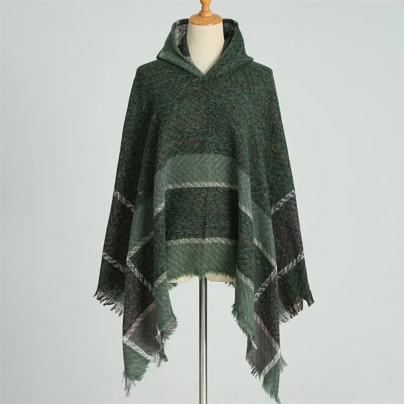 Hooded Stripe Fringe Poncho for Layering over Outfits