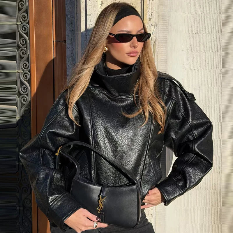 Women's Stand Collar Faux Leather Zip Front Jacket for Layered Outfits