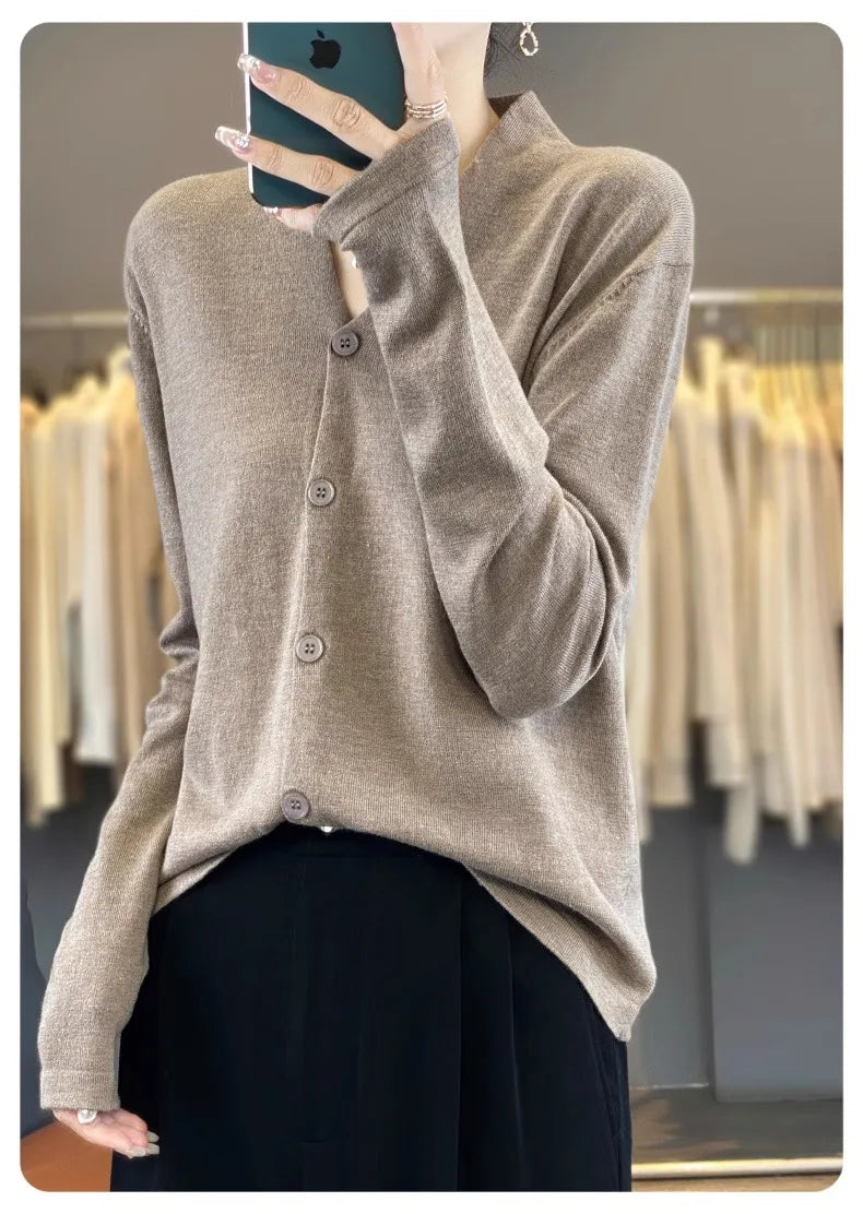Light luxury retro style! V-neck pure cashmere knit cardigan women's autumn and winter loose wool top bottom sweater coat