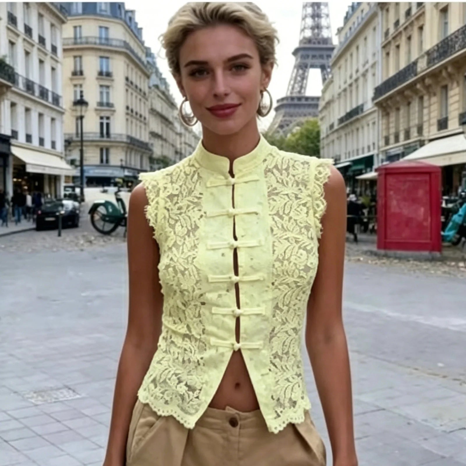 Women's Sleeveless Lace Vest with a Traditional Frog-Button Front Closure