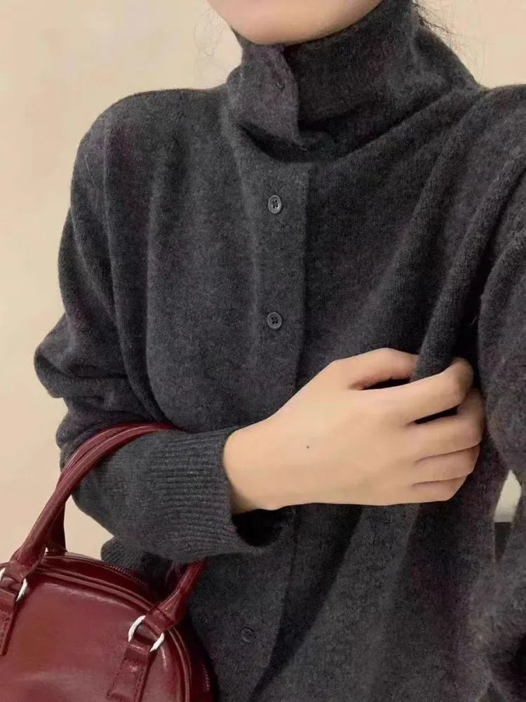 French-style high-neck 100 pure cashmere knitted cardigan for women's autumn and winter loose sweater with wool base coat