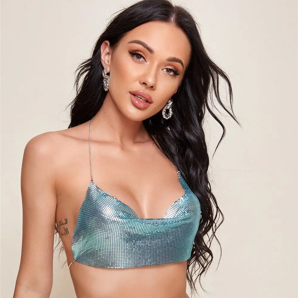 Women's Metallic Chain Mesh Halter Crop Top with Draped Neckline