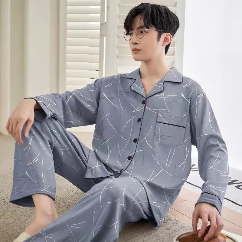 Men's Printed Button Front Long Sleeve Shirt and Pants Pajama Set