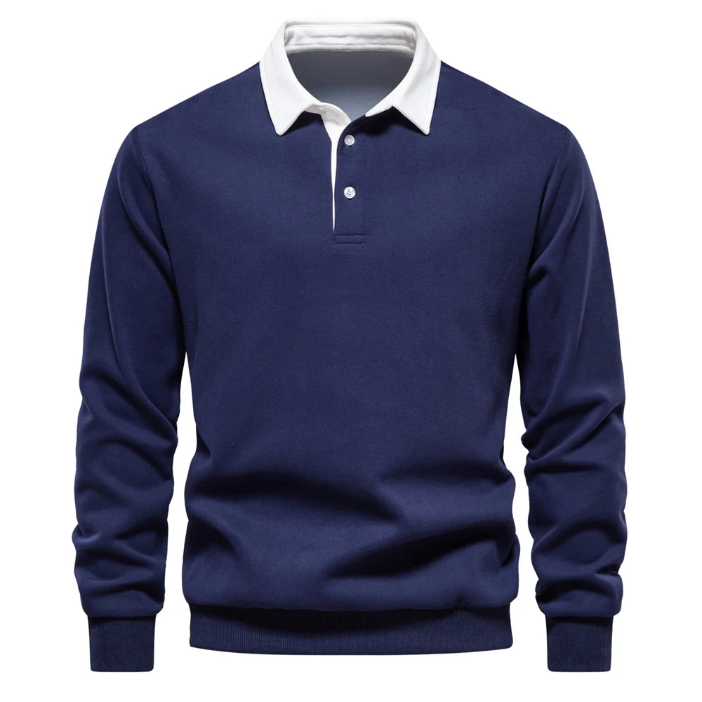 Men's Polo-Collar Long-Sleeve Button-Neck Sweatshirt