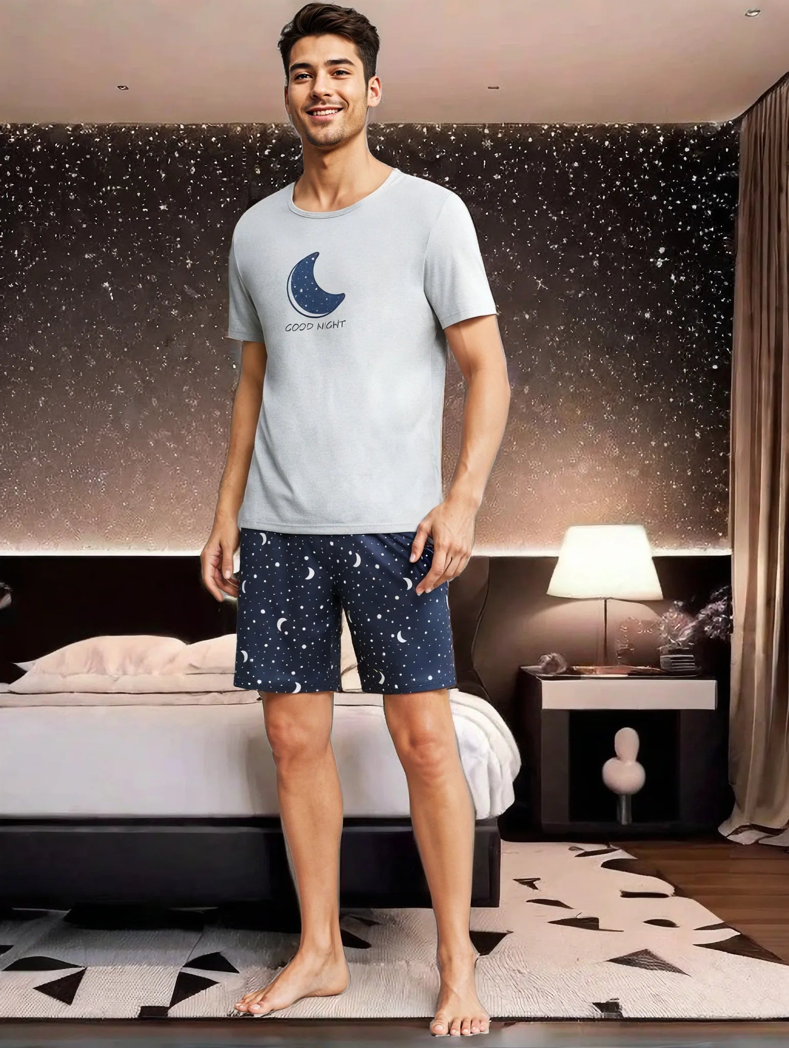 Men's Moon Print T Shirt and Shorts Pajama Set