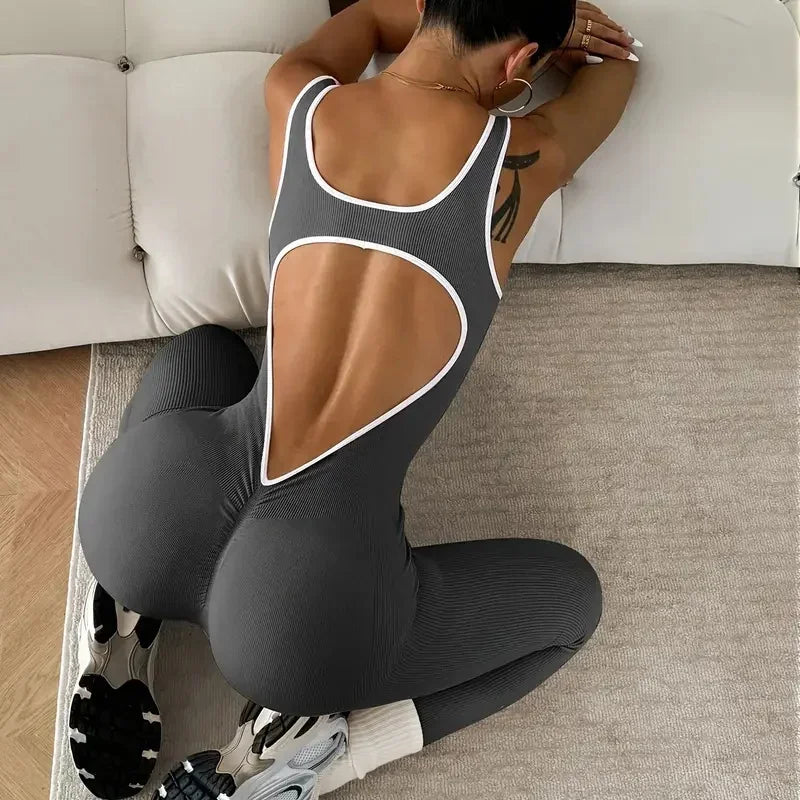 Women's Racerback Nylon Blend Workout Jumpsuit with White Trim and Back Cutout