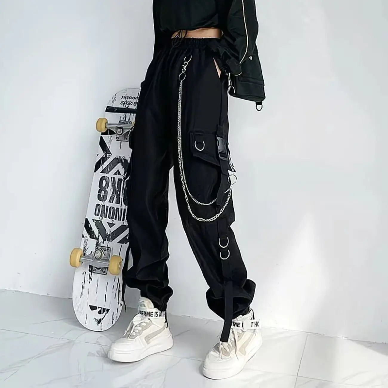 Women's Black Cargo Joggers with Chain and Strap Style Details