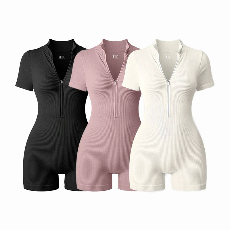 Women's Short Sleeve Nylon Blend Romper with Collar and Front Zip