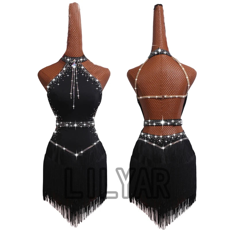 High Collar Rhinestone Fringe Latin Dance Dress with Custom Size Options