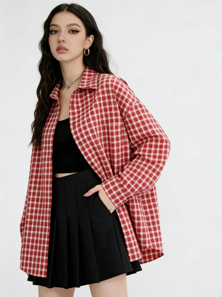 Women's Checked Relaxed Long Sleeve Button Front Shirt