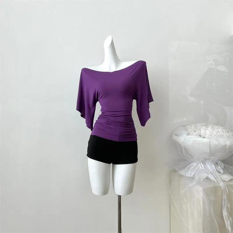 Women's Solid Polyester Slash Neck Blouse with Flared Sleeves and a Fitted Shape