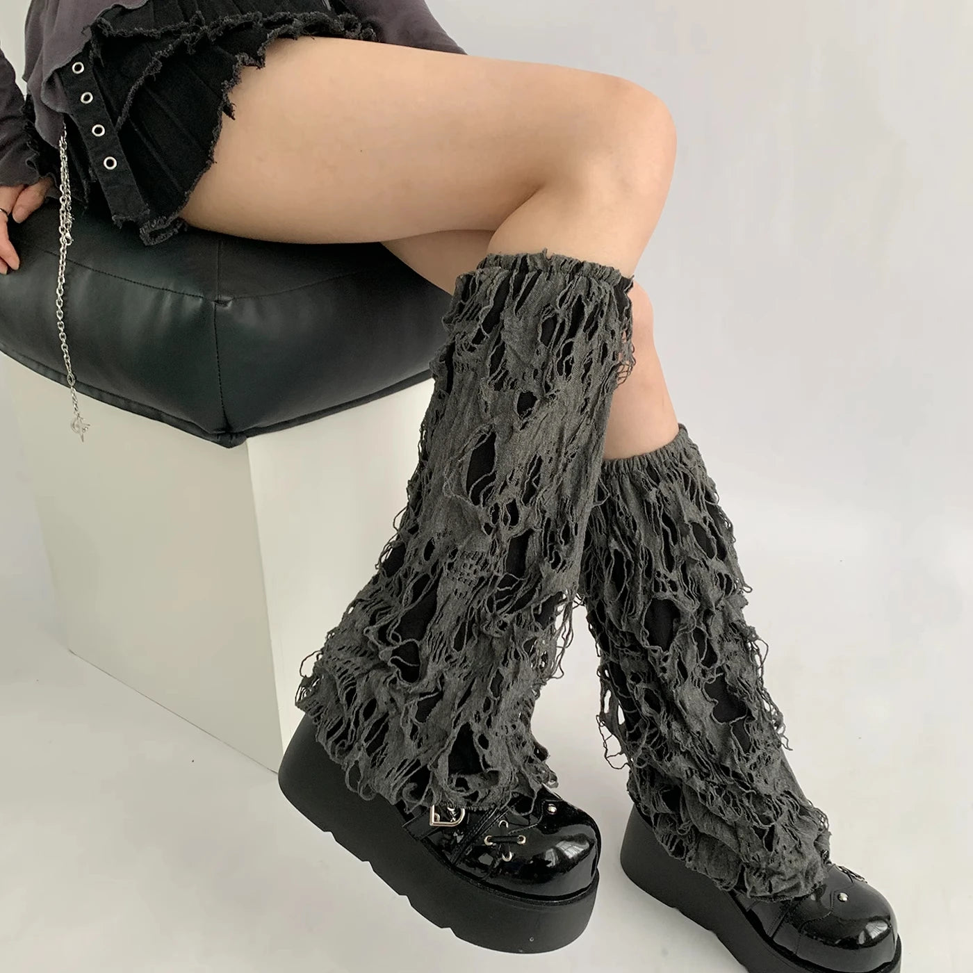 Black Distressed Knit Leg Warmers with Ripped Texture