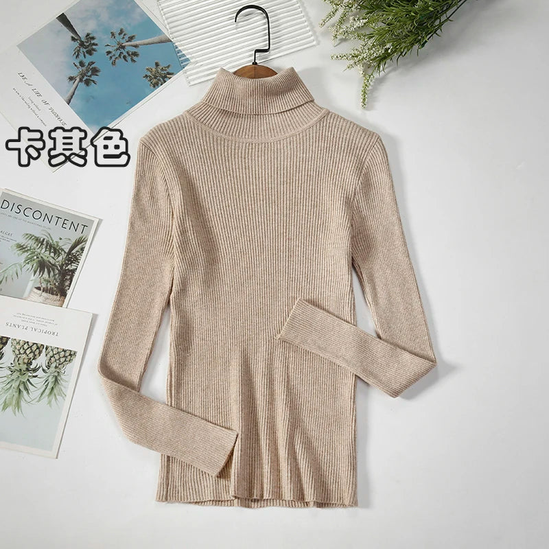 Women's Ribbed Roll Neck Long Sleeve Sweater Casual Knit Layer