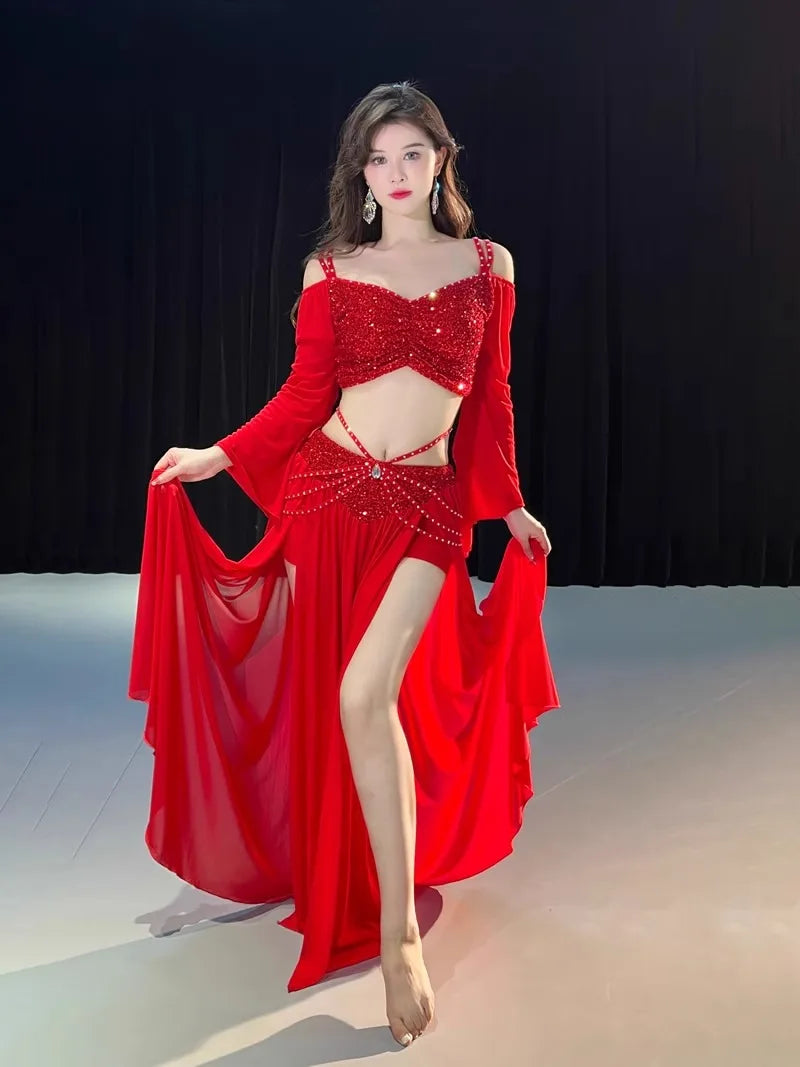 Women's Belly Dance Outfit with Flared Sleeves and Long Split Skirt