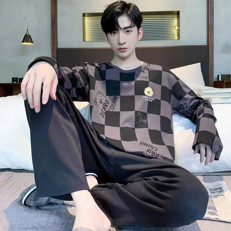 Men's Printed Long Sleeve Crew Neck Top and Pants Pajama Set