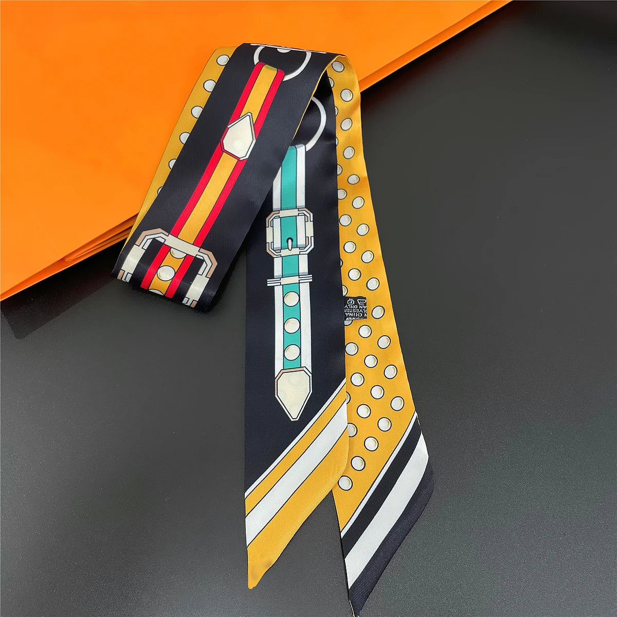Colorful Printed Skinny Ribbon Scarf with Tie Ends