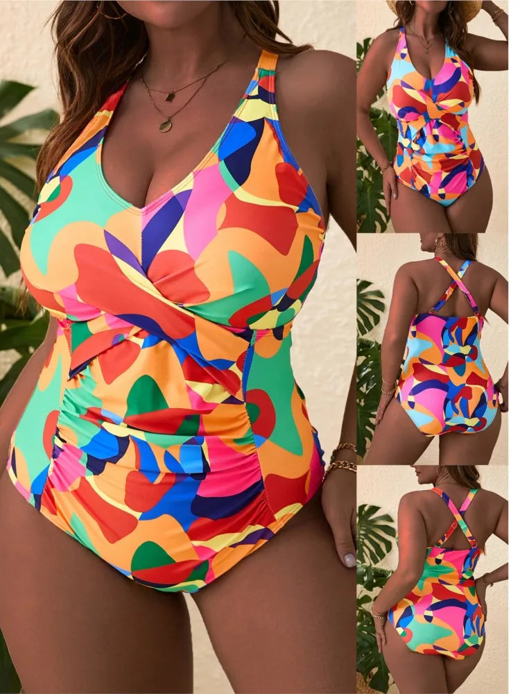 Women's Colourful Print Twist Front Cross Back One Piece Swimsuit