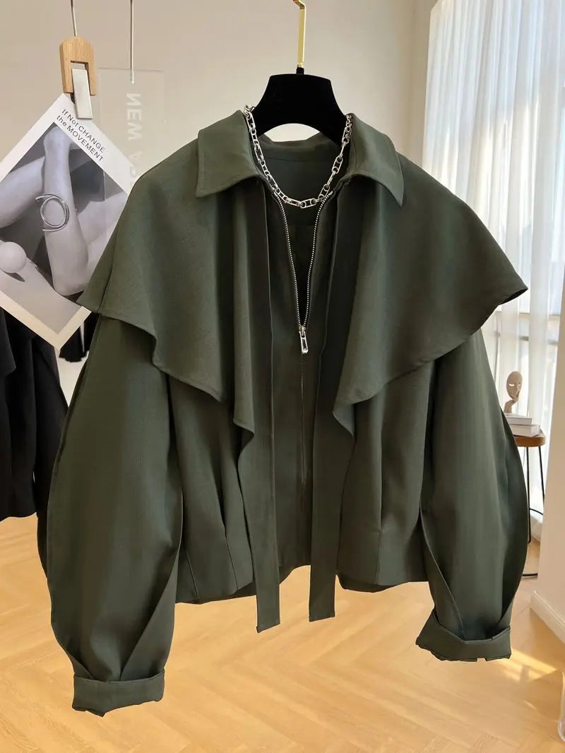Tiered Collar Cropped Zip Front Jacket for Layering over Outfits