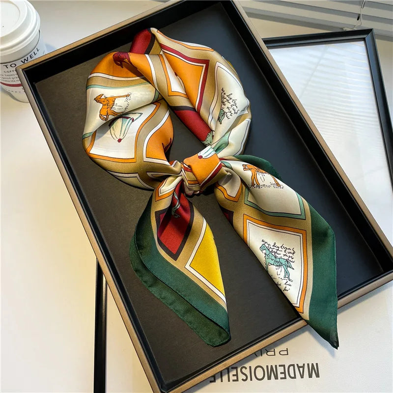 Horse Print Square Scarf with Decorative Patterned Border