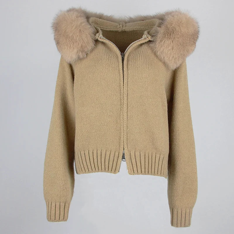 Women's Hooded Zip Front Fluffy Trim Jacket Casual Knit Layer