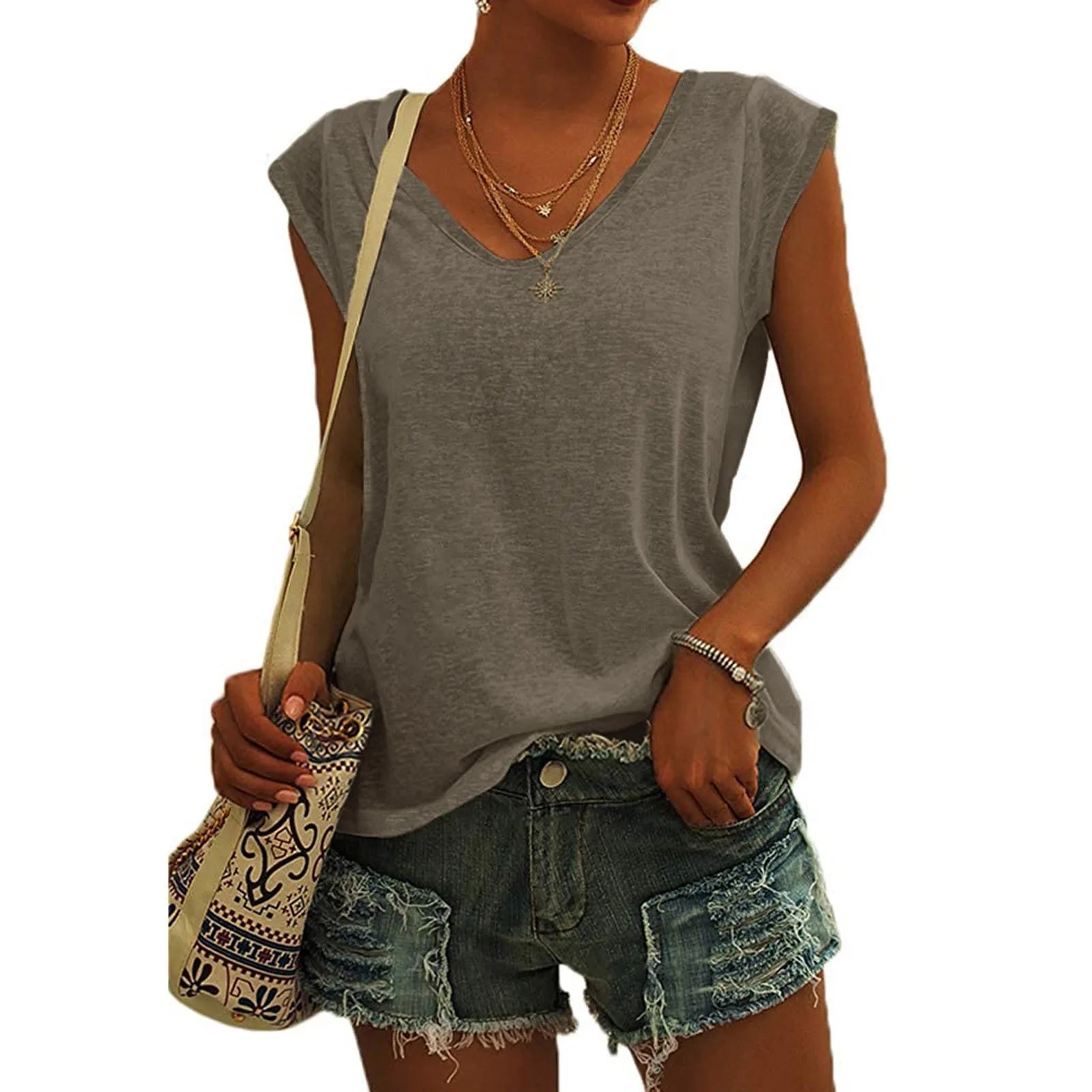 Women's V Neck Polyester Tank Top with Relaxed Sleeveless Cut