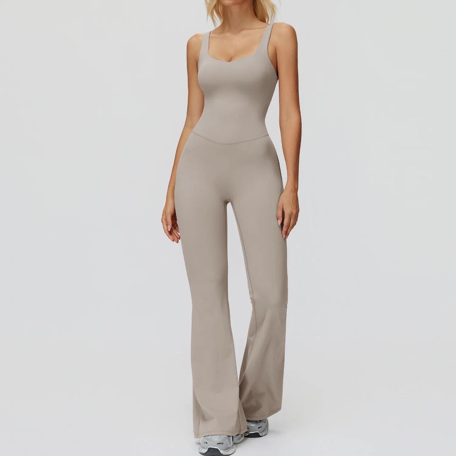 Women's Cross Back Polyester Blend Flared Workout Jumpsuit with Multiple Straps