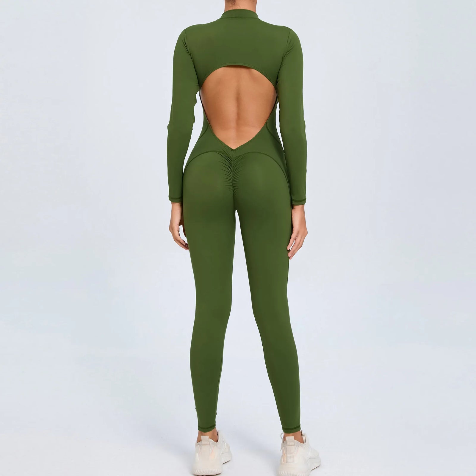 Women's Long Sleeve Nylon Blend Workout Jumpsuit with Oval Back Cutout