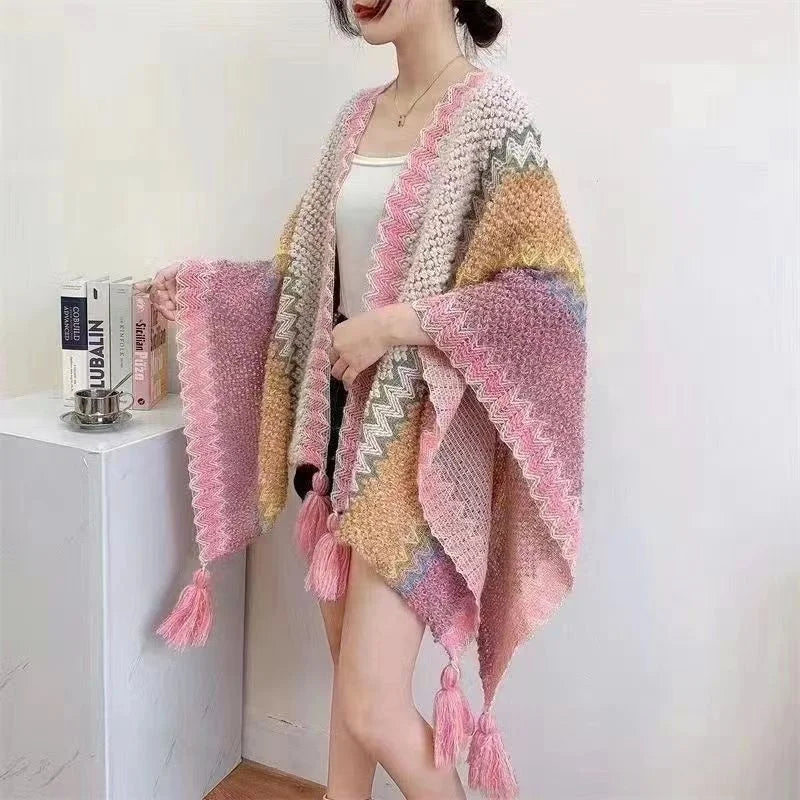 Zigzag Knit Tassel Poncho for Layering over Outfits