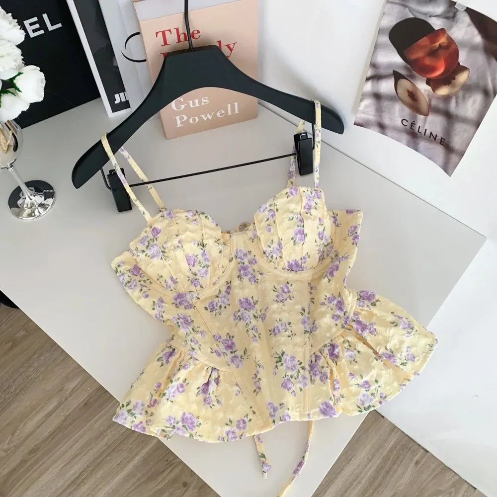 Women's Floral Print Crop Top with Ruffle Details and Cropped Length