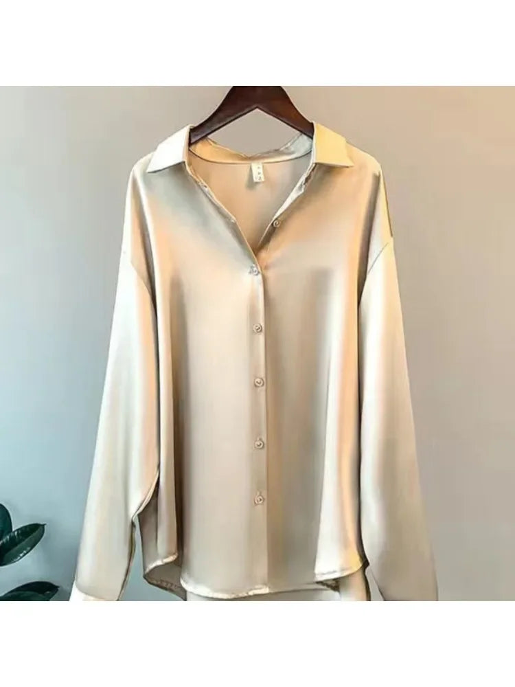 Women's Long Sleeve Button Front Satin Look Shirt