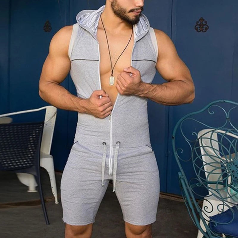 Men's Sleeveless Hooded Zip Front Short Pajama Romper
