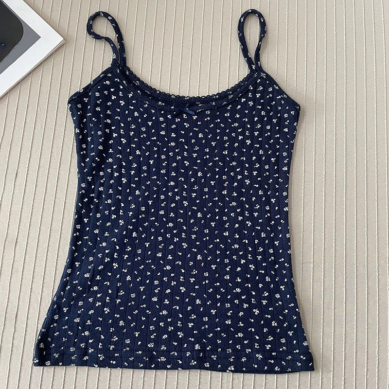Women's Lace Trim Cotton Camisole with Bow Detail and Multiple Pattern Options