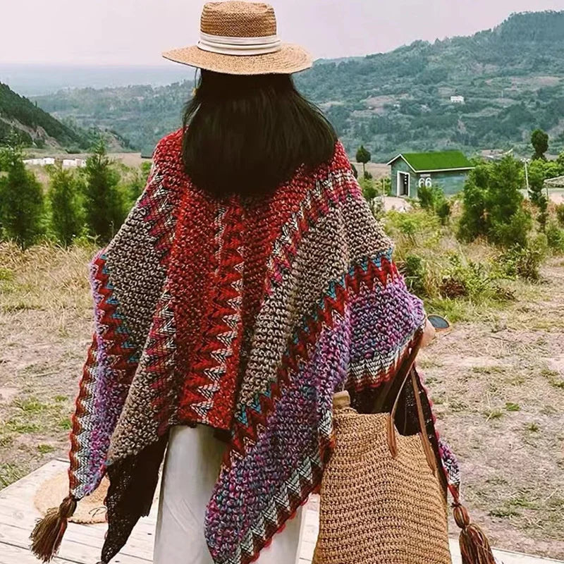 Zigzag Knit Tassel Poncho for Layering over Outfits
