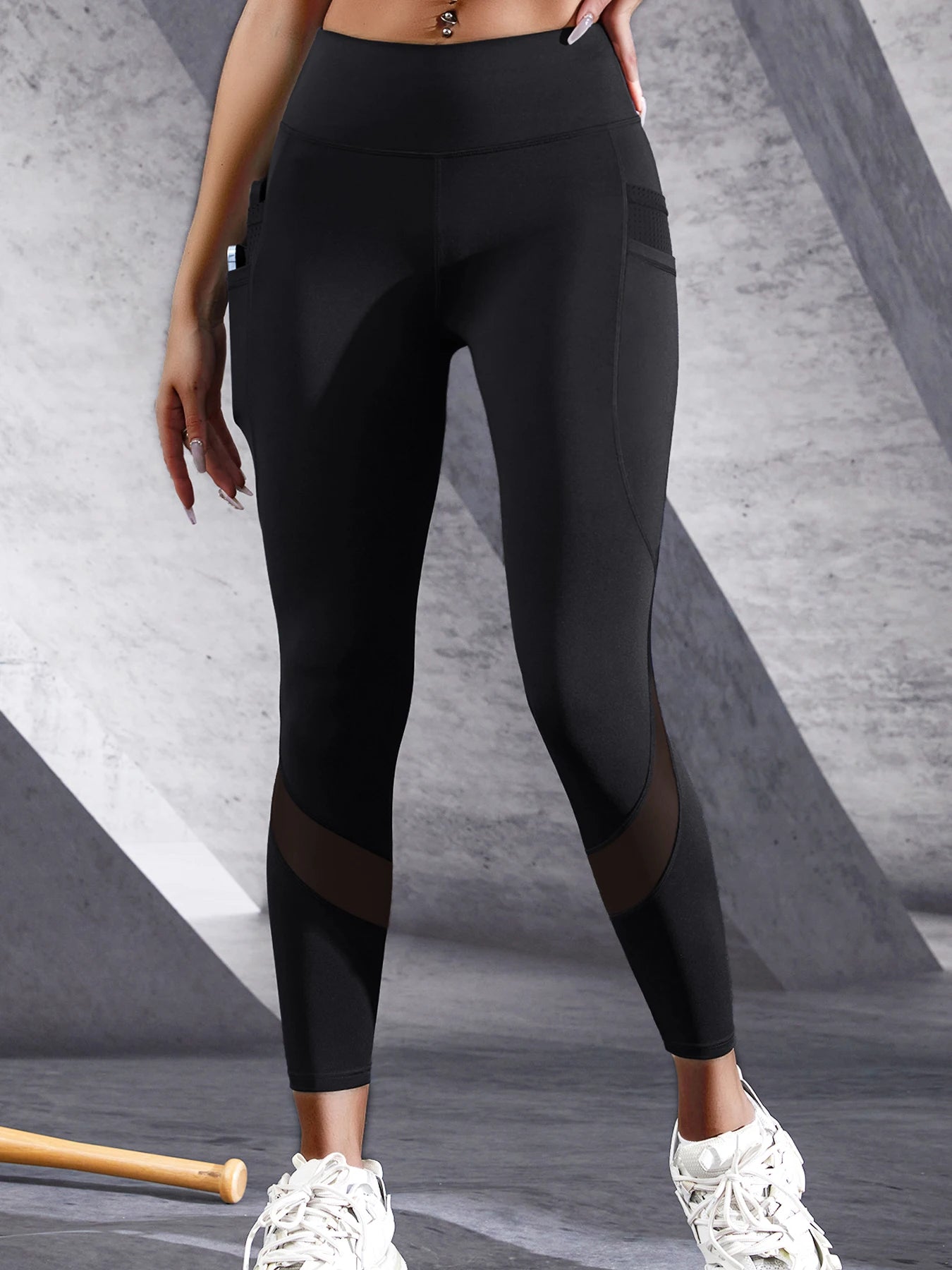 Women's Mesh Panel Side Pocket Panelled Full Length Leggings