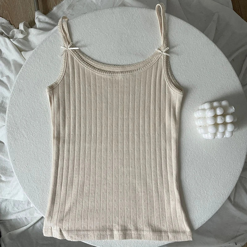 Women's Lace Trim Cotton Camisole with Bow Detail and Multiple Pattern Options