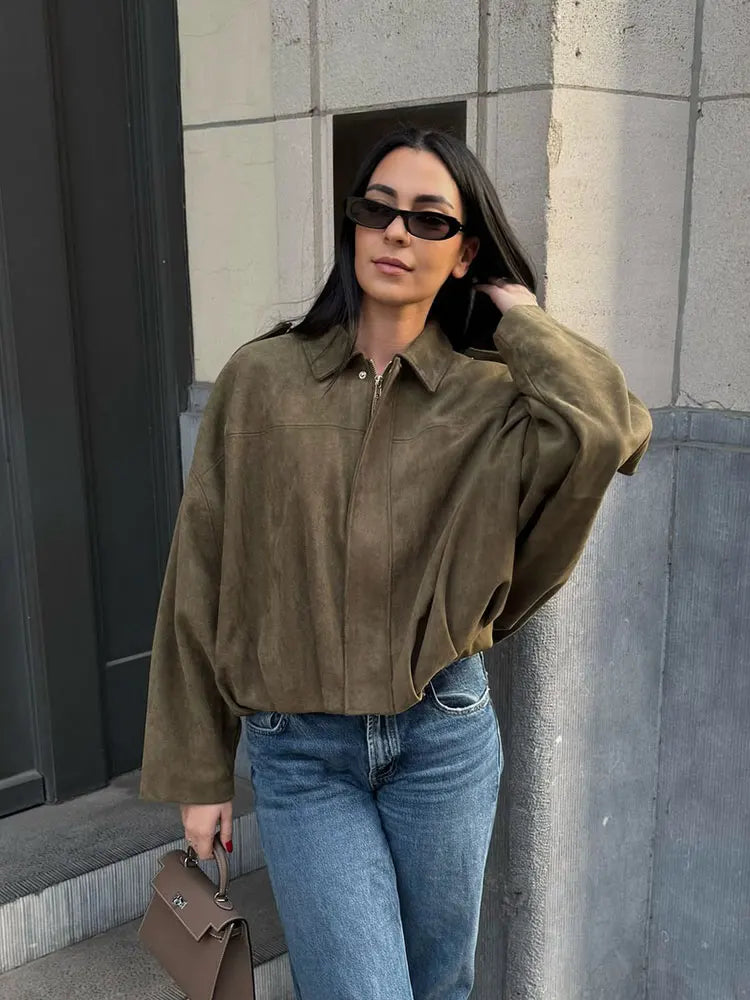 Women's Polyester Suede-Look Loose Long-Batwing-Sleeve Zip-Front Collared Jacket for Casual Autumn Outfits