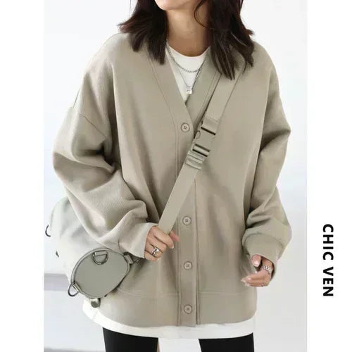 V Neck Long Sleeve Button Front Loose Casual Cardigan