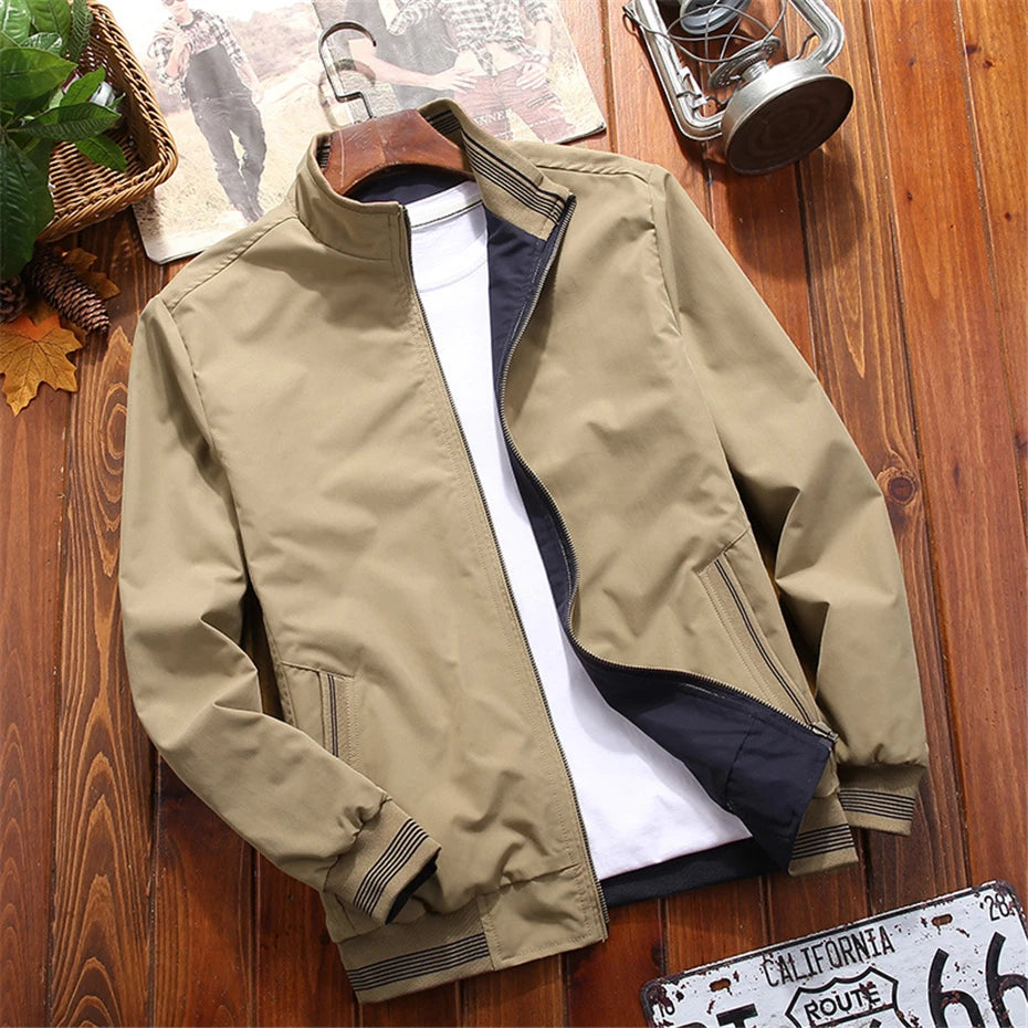 Solid Long Sleeve Casual Front Zip Bomber Style Jacket