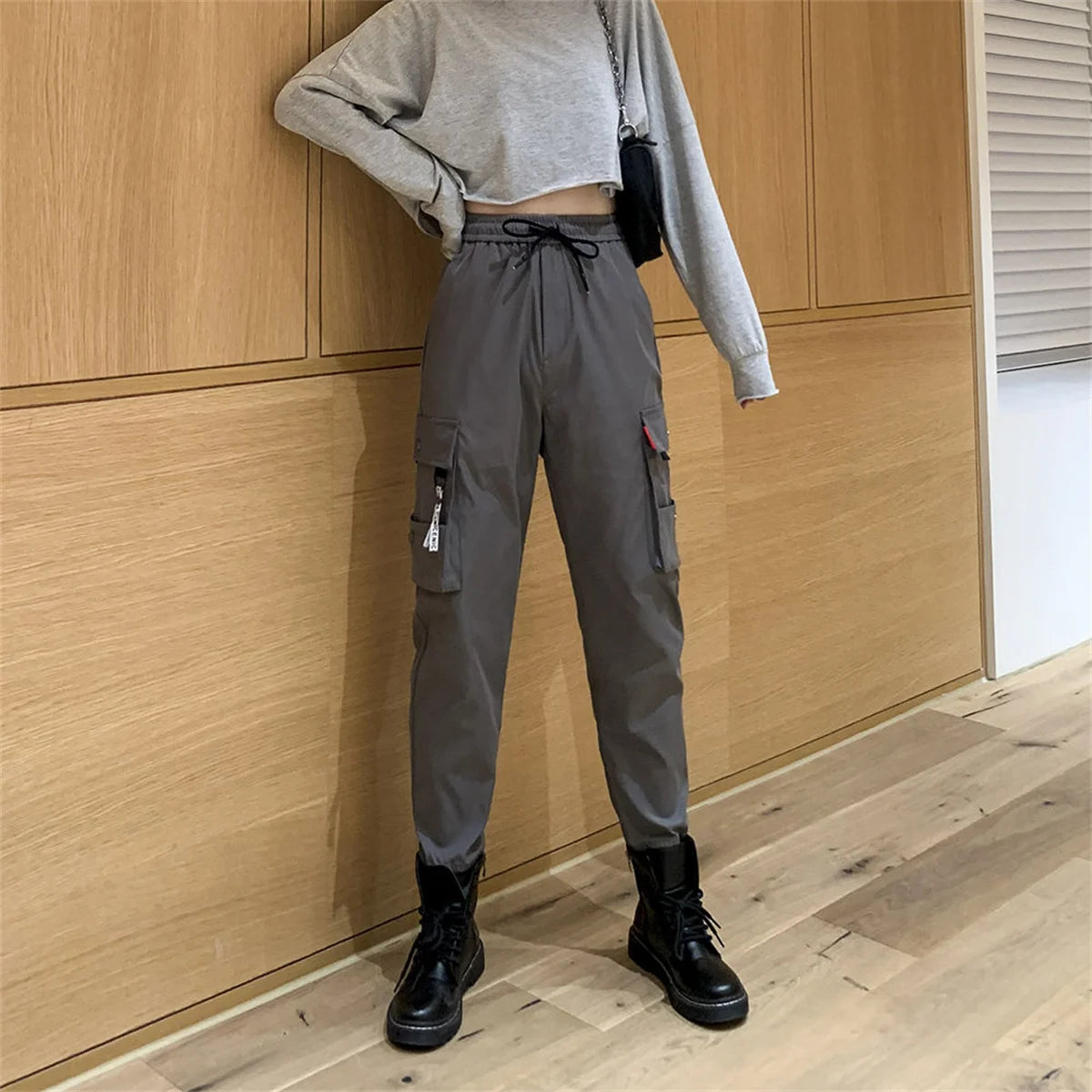 Women's Black Cargo Joggers with Pocket Tabs and Gathered Lower Legs