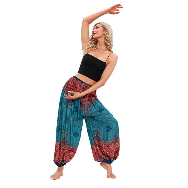 Women's Printed Rayon Harem Pants with Elastic Waist and Loose Gathered Legs