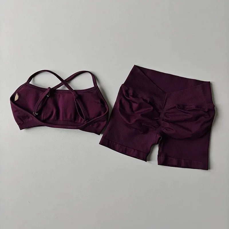Women's Cross Strap Bra And Shorts Yoga Set