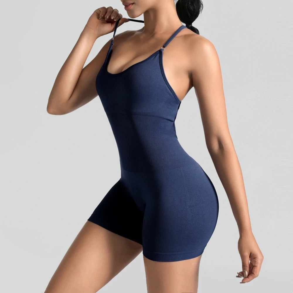Women's Lace Up Cross Back Nylon Blend Workout Romper with Thin Straps
