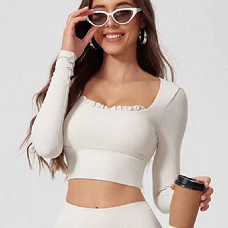 Women's Scalloped Square-Neck Long-Sleeve Workout Crop Top